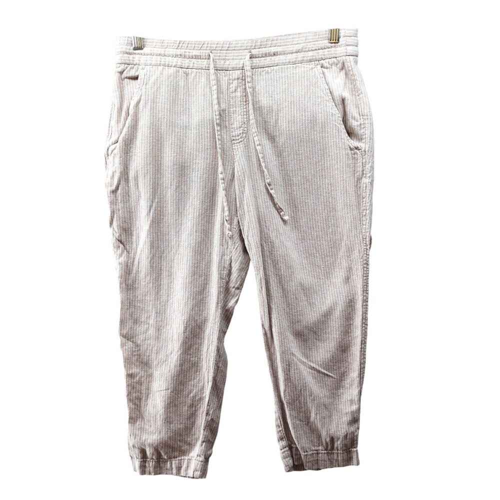 Gap Easy Pant Womens MP Linen Blend Beige White Striped Cropped Drawstring
